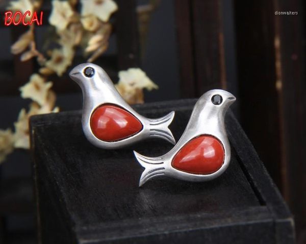 Brincos do garanhão S925 Sterling Silver Surling Southern Red Agate Bird Feminino Retro Simple Creative Setor Small e fofo