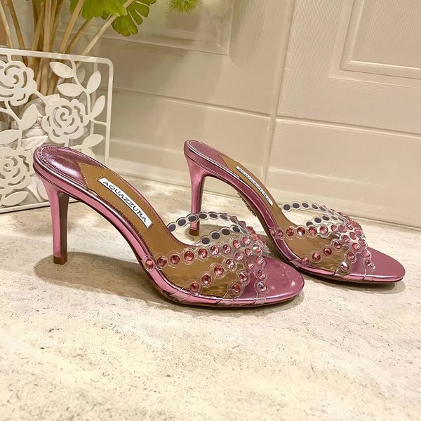 Aquazzura kristal süslenmiş kayış yüksek topuklu terlikler katır Taklidi TPU ev terlikleri Lüks tasarımcılar topuklu sandaletler fabrika ayakkabı 35-42 kutu ile