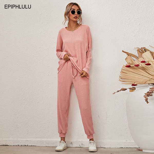 Moda -sono feminina de malha de malha de malha conjunto feminino roupas caseiras soltas lounge lounge wear sonowear women pjs manga longa sono wear ladies 230309