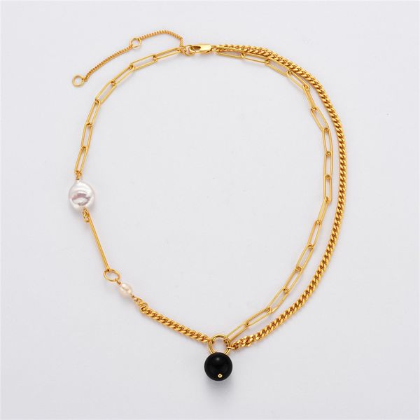 Französische Vintage-Halsketten, einzigartiges Design, doppelte Kette, barocke Perlenkette aus Messing, schwarze Perlen, zarter Overlay-Schmuck