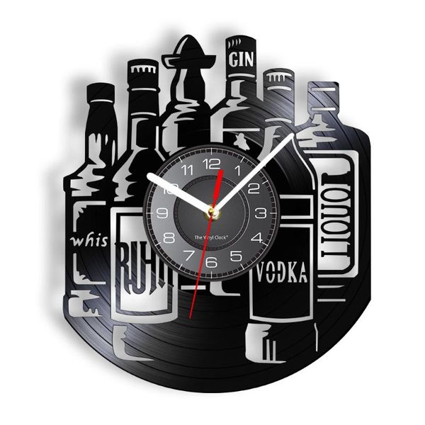 Relógios de parede Liquor Relógio decorativo Whisky Vodka Gin Winebottle Silhouette Watch com LED Backlight Silent Hanging Decor for Bar