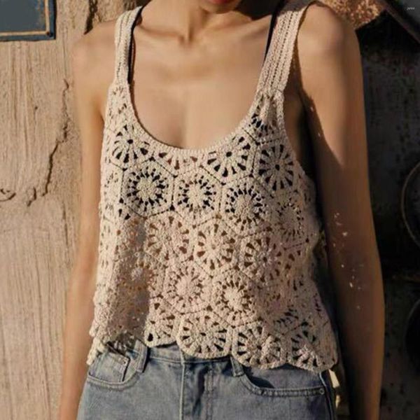 Camisoles Tanks Sommer Frauen Aushöhlen Tank Tops Lose Crop Floral Print Ärmelloses Korsett Top Einfarbig Leibchen Gestrickte Bohemian