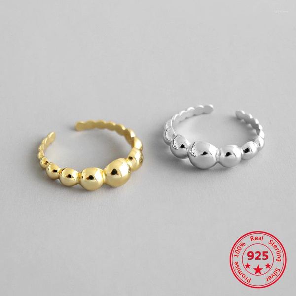 Anelli a grappolo S925 in argento sterling fine e semplice con perline geometriche lucide placcate in oro con apertura regolabile gioielli retrò da donna