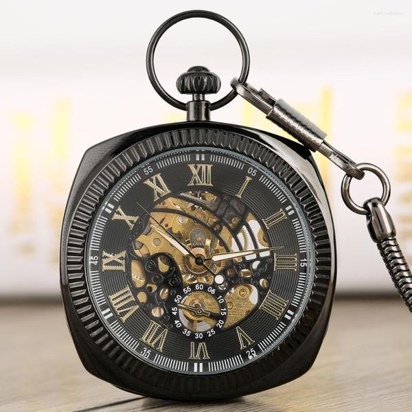 Orologi da tasca Orologio meccanico antico nero/argento/oro. Unico quadrato da 30 cm con catena a forma di serpente, orologio pendente a carica manuale