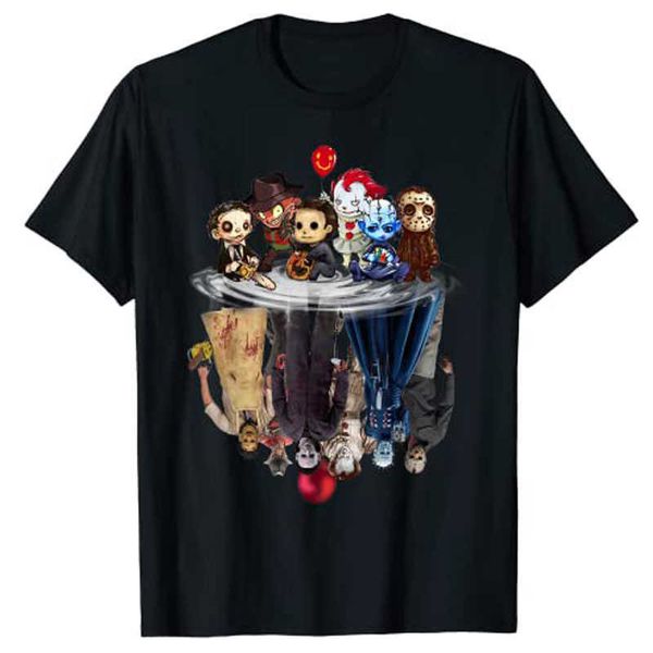 T-shirt da uomo Cute Horror Movie Chibi Character Water Reflection T-shirt di Halloween Graphic Tees T-shirt oversize Graphic Gift G230309