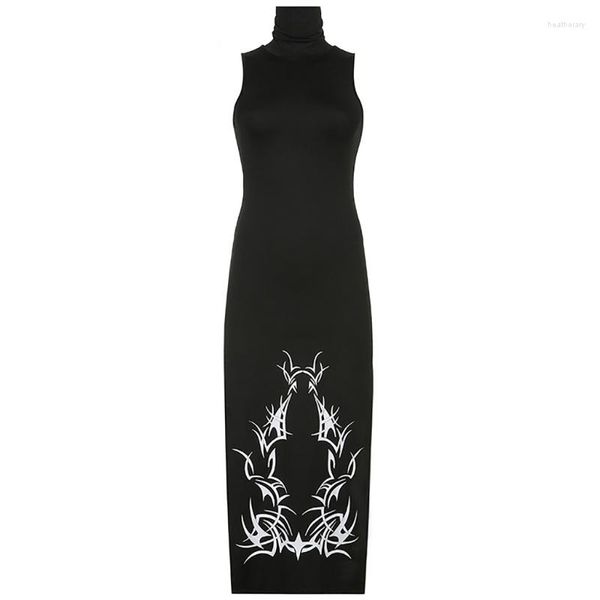 Lässige Kleider M2EA Damen Slim Sleeeveless Langes Kleid-Punk-Schwarzes Kleid Sexy Split Side Cosplay-Maxi-Kleid Cocktail-Party-Club