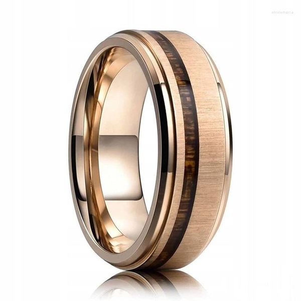 Eheringe Mode 8mm Männer Edelstahl Ring Rose Gold Farbe Gebürstetes Holz Inlay Für Frauen Band Schmuck Geburtstag Geschenke