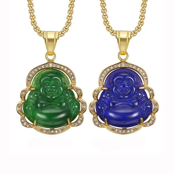 Maitreya Pendenti Collane Hip Hop Titanio Acciaio Placcato oro Verde Agata blu Calcedonio Resina Smalto Ciondolo Buddha Collana uomo donna