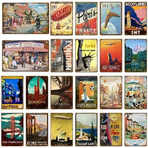 Classic Travel City Art Decor Poster Sinais de metal sinais de Nova York Índia Londres Poster famosos países da placa Presente de arte vintage Decoração de parede Tamanho 30x20cm W02