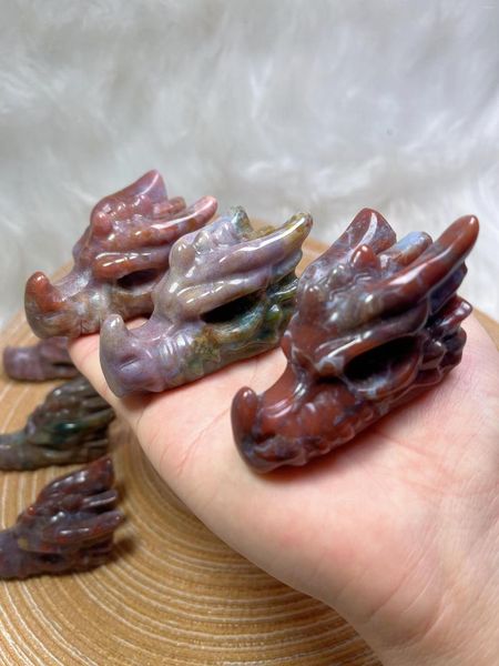 Estatuetas decorativas de cristal natural escultura dragão cabeças de caveiras Ocean Jasper Crafts de cabeça para presente