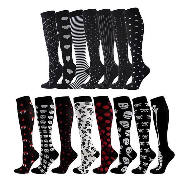 Meias masculinas Compressão Unissex Leg Pressure Nylon Outerdoor Health Saúde Black Skull Stripe Star Menwomen Sockmen's