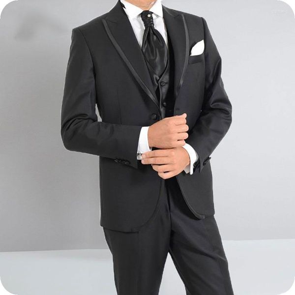 Ternos masculinos homens negros para casamento cetim noivo slim fit baile formal blazer smoking tuxedo homem fester traje hombre 3pieces