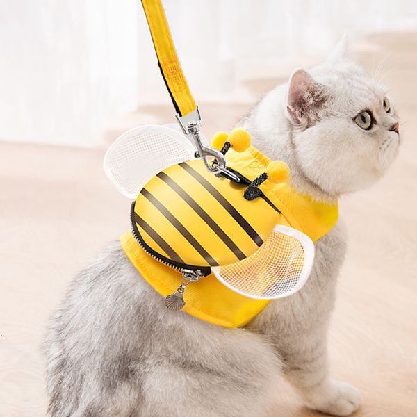 Katzenhalsbänder und Leinen, süße Biene, Designer-Hundegeschirr und Leine-Set, atmungsaktive Haustierweste mit Snack-Tasche, Welpenzubehör, Gelb, SXL 230309