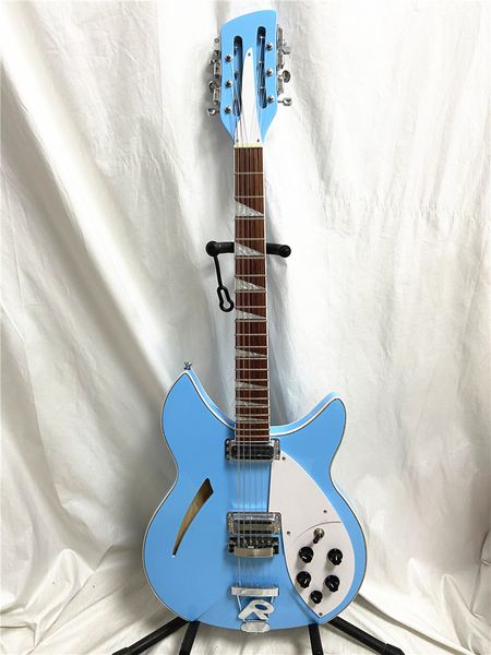 Hochwertige 360 12-saitige blaue E-Gitarre, weißes Schlagbrett, R-Brücke, verchromte Hardware