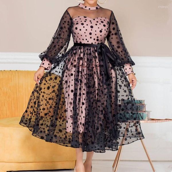 Casual Kleider Afrikanische Für Frauen 2023 Mode Zwei Schicht Mesh Dot Geraffte Big Saum Africaine Femme Kleidung Elegante Kleid