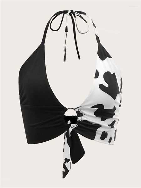 Serbatoi da donna Sexy Cow Print O-ring Backless Halter Crop Top Donna Estate Y2K High Street Moda coreana Grunge Club Cami Streetwear 2023