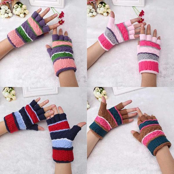 Fünf Finger Handschuhe Wolle Winter Frauen Kinder Jacquard Gestrickte Stretch Elastische Halb Finger Outdoor Fäustlinge Warme Fingerlose