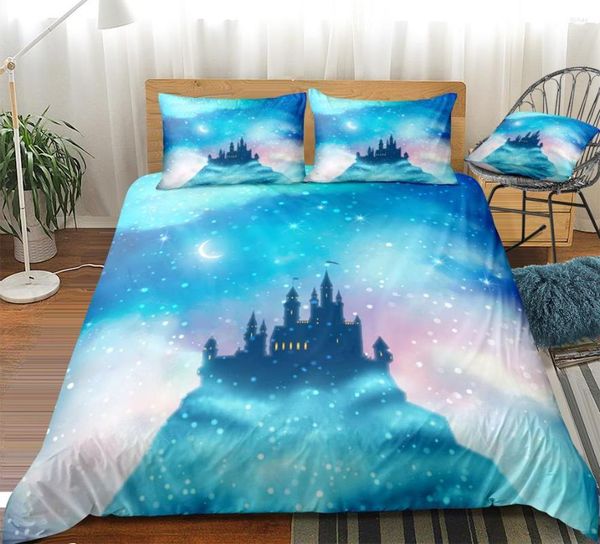 Set biancheria da letto Copripiumino castello Set biancheria da letto stile cielo stellato Copriletto per bambini Ragazze Blu Tessili per la casa Letti in microfibra