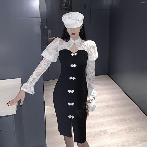 Sıradan Elbiseler Elegamt Kadın Kazak Dantel Patchwork örgü elbise vestido midi elegante siyah beyaz cheongsam