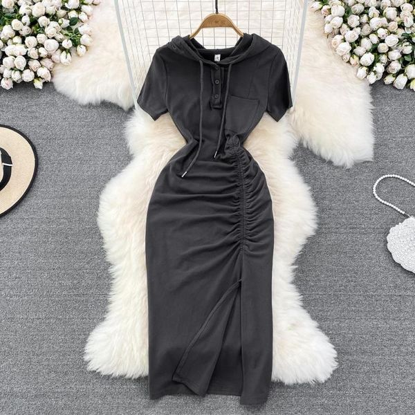 Vestidos de fiesta Verano Versión coreana Casual Mediados de longitud Camiseta Falda Retro Con capucha Plisado Slim Fit Bag Hip Dress Mujeres