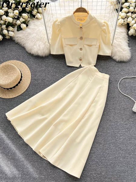 Arbeitskleider Sommer Elegante Dame Abgeschnitten Blazer Rock Anzüge Weibliche Retro Puff Sleeve Gold Button Bluse Lange Zweiteilige Set Frauen