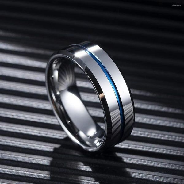 Anéis de casamento Moda 8mm Groove azul de titânio Aço para homens Mulheres cor de prata joias de faixa de anel inoxidável inoxidável