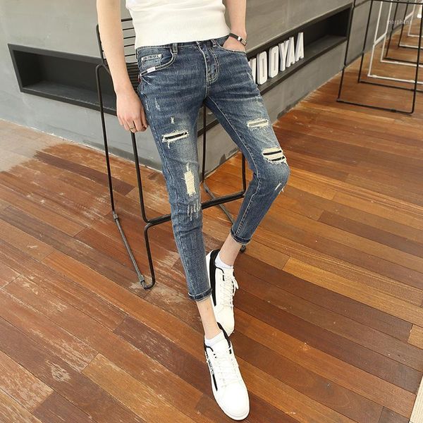 Jeans da uomo all'ingrosso 2023 moda casual ragazzo sociale cowboy mendicante pantaloni sottili coreani stretti uomini magri piedi foro caviglia