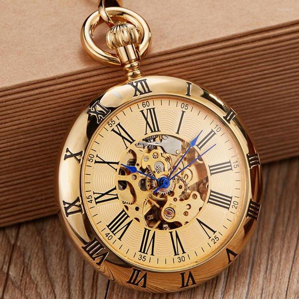 Orologi da taschino numeri romani orologio meccanico FOB catena antico vintage steampunk scheletro bronzo inciso orologio uomo donna