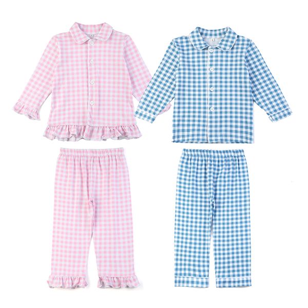 Pyjamas Großhandel für Kinder, Oster-Pyjama-Sets, 95 % Baumwolle, Boutique-Hauskleidung, Gingham-Nachtwäsche für Jungen und Mädchen, 230310