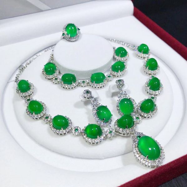 Vintage Jade Diamond Takı Seti 925 STERLING Gümüş Nişan Alyans Küpe Koutlace Bilezik Kadınlar için Parti Takı