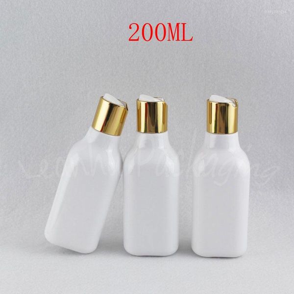 Bottiglie di stoccaggio Bottiglia di plastica quadrata bianca da 200 ml con tappo superiore a disco dorato Confezione di shampoo / lozione da 200 CC Contenitore cosmetico vuoto