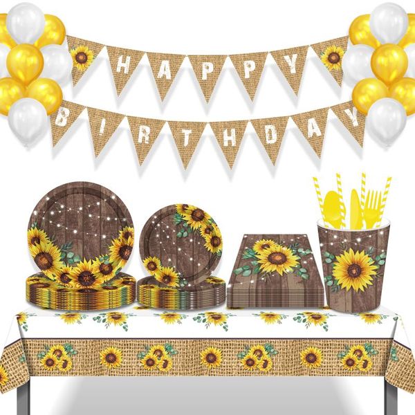 Denu -underware descartável Wedding Spring Flower Girassol OH Baby Party Tableware Desen pratos de copo Balões de tecido Globos DeCors de aniversário