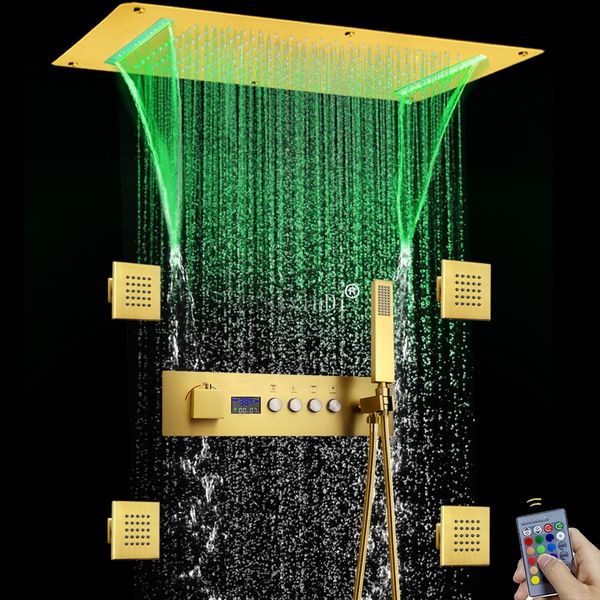 Встроенная в потолок 700*380 мм светодиодная насадка для душа матовый золотой дисплей температуры термостатический набор смесителей для душа