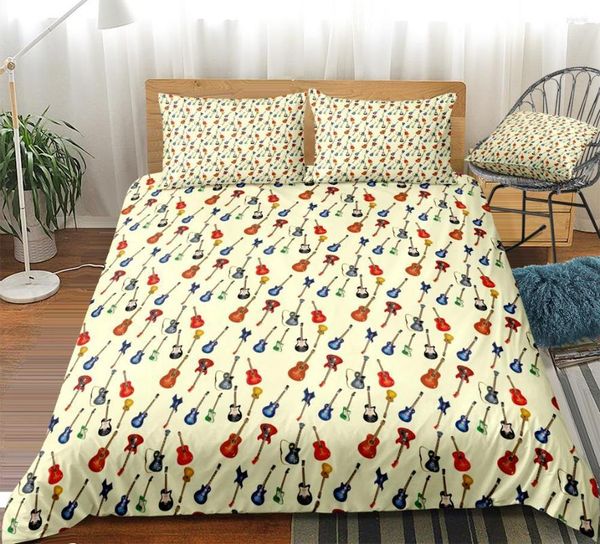 Bedding Sets Guitar Duvet Capa Conjunto de músicas amarelas Microfiber Cartoon Cama para meninos meninos garotos camas de camas