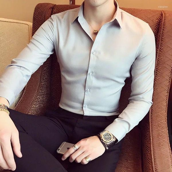 Camisas casuais masculinas Oxford Slim Slim Fit Dress Cirtle Turndown Collar Slave Chemise Homme Buisness Men Black Q190