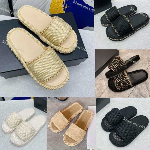 Neue Designer Hausschuhe Honig Sandalen Gewebte Rutschen Frauen Stroh Gummi Sandale Luxus Kette Stricken Plattform Hausschuhe Damen Sommer Strand Flip