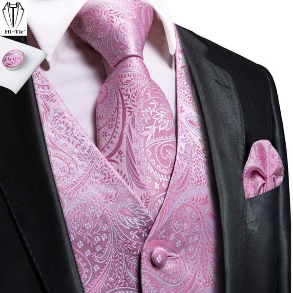 Gilet da uomo Hi-Tie Seta Abito da uomo Gilet Rosa Paisley 4PC Gilet in tessuto Cravatta Fazzoletto da taschino Gemelli Set Abito da sposa d'affari Giacca in vita 230310