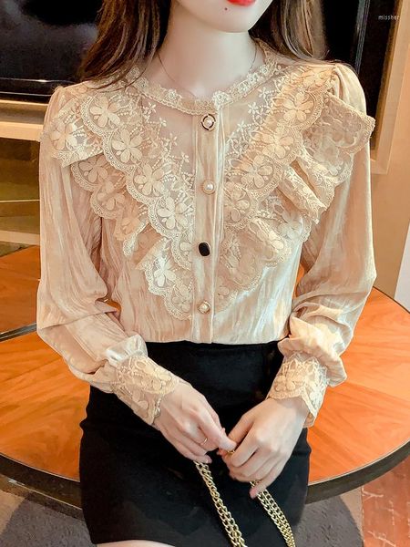 Camicette da donna QOERLIN Camicetta arricciata in pizzo da donna Manica lunga Moda coreana Monopetto Scava fuori Camicie nere eleganti Bottone femminile