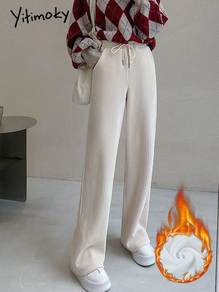 Calças femininas Capris yitimoky calças de lã para mulheres engrossem calças de perna larga e largura de moda coreana outono de inverno casual cordas retas calças 2303110
