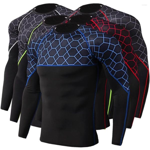 Camisetas masculinas malha de fitness de fitness de manga longa esportes de t-shirt esportes de treinamento de treinamento superior wicking rápido elástico alto seco