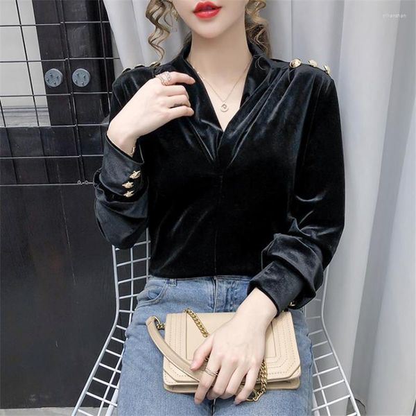 Frauen Blusen Schwarz Samt Vintage Frauen Tops Koreanische Mode Winter Kleidung Beiläufige Lose Hemd Blusas Mujer De Moda 2023