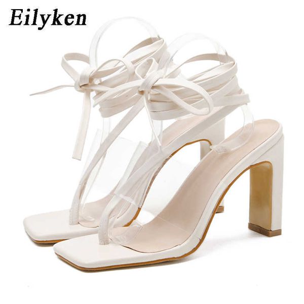 Top Mode V-ausschnitt Design Frau Sandalen Sexy PVC Transparent Gelee Schuhe Damen Ankle Lace-Up Quadratische Heels Plus Größe 35-42 230306