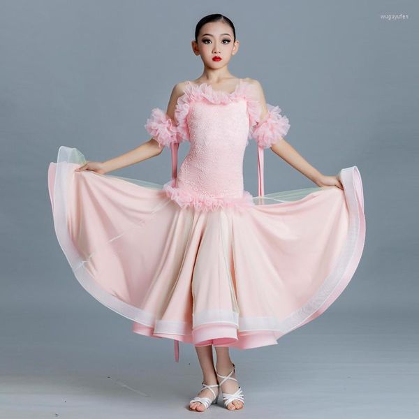 Stage Wear 2023 Ballroom Dance Competition Dress Pink Lace Up Long Prom Abiti da ballo di tango Costume da spettacolo di valzer VDB6153