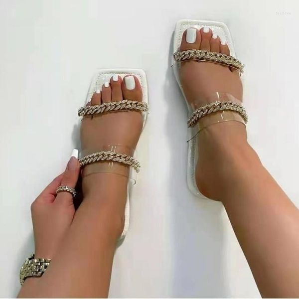 Slippers simples versáteis 2023 Sexy Metal Chain Flat Women's Transparent Strap Sange Casual Sandals