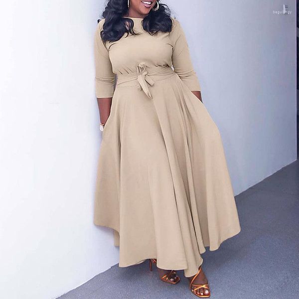 Etnik Giyim Afrika Büyük Salıncak Uzun Elbise Kadınlar Bahar Moda 3/4 Kollu Kemer Zarif Katı Katı Sokak Giyim Elbiseleri Lady Vestidos
