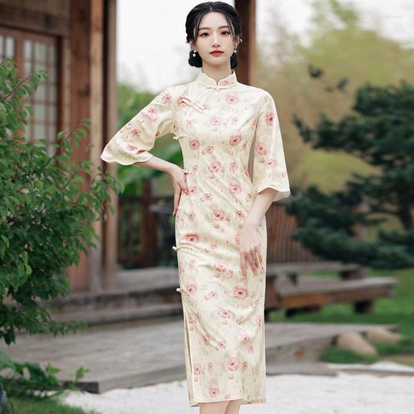 Ethnische Kleidung Chinesischer Frühling Verbesserte Trompetenärmel Gedruckt Velours Qipao Wellenkragen Gold Samt Cheongsam Frauen Kleid