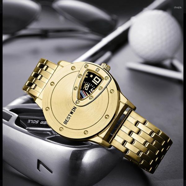 Relógios de pulso 2023 homens relógios esportivos de design criativo Dial de aço inoxidável banda de aço de alta qualidade Quartz masculino Relloj Hombre Gold