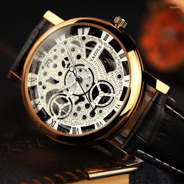 Нарученные часы Yazole Watch Mens Watch Top Skeleton Fashion's Men's Leather Clock Erkek Kol Saati Relojes Hombre