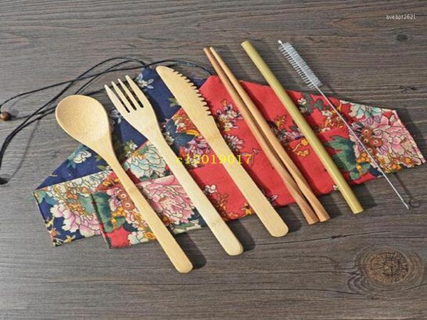 Geschirr Sets 100sets Japanische Bambus Besteck Set Stroh mit Stoff Tasche Küche Kochen Werkzeuge