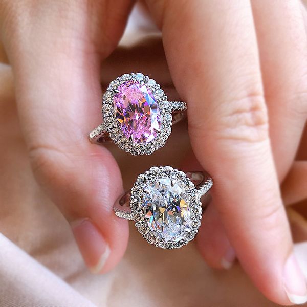 Anello ovale con diamante rosa fiore Anello in argento sterling 100% reale 925 Anelli per fedi nuziali per donna Uomo Regalo di gioielli di fidanzamento